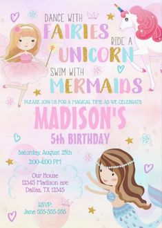 Cute mermaid, unicorn and fairy themed birthday party invitations. Girls' birthday party invites with pastel colored fairytale design. afflink Fairytale Invitation, Fairy Invitations, Fairytale Birthday, Unicorn Fairy, Magical Party, Unicorn And Fairies, Mermaid Unicorn, Unicorn Birthday Party Invitation, Magical Birthday