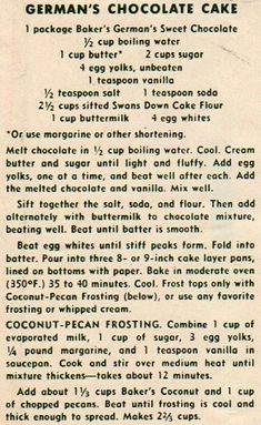 an old recipe for german chocolate cake with instructions on the front and back pages in english