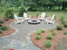 a fire pit surrounded by lawn chairs and trees