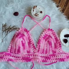 Pink Crochet Aesthetic, Crochet Bralette Top, Tops A Crochet, Crochet Bralette, Aesthetic Crochet, Kawaii Crochet, Butterfly Top, Bralette Top