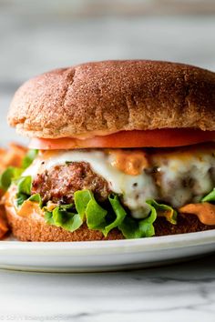 a cheeseburger with lettuce and tomato on a plate