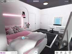 a virtual view of a bedroom with pink and white decor