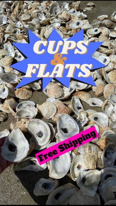 a pile of oysters with the words cups and flats on it