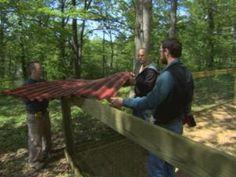 two men are standing on a wooden platform in the woods and one man is holding onto a red tarp