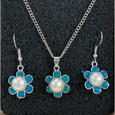 Cute Necklace And Earrings Jewelry Set. Sweet Glittery Blue Resin And Pearl Flowers. Perfect Fit For That Special Young Lady. Chain Is 17”. Cute Blue Hypoallergenic Jewelry, Cute Blue Round Jewelry, Pearl Flowers, Kids Accessories Jewelry, Pearl Necklace Set, Necklace For Girlfriend, Kids Necklace, Women Necklace, Cute Necklace