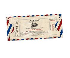 an old fashioned ticket with the word all aboard on it's front and red, white, and blue stripes