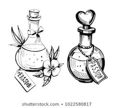 two perfume bottles with flowers and labels on the label, hand drawn in black and white