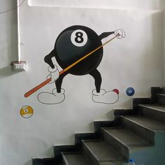 a cartoon pool ball character holding a cue in his right hand and standing on top of a set of stairs