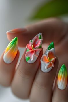 Almond Nails Designs Summer, Hawaiian Nails, Occasion Nails, Bright Pink Nails, Summer Nails 2024, Beach Nail, Evil Eye Nails, Nails Art Designs, 3d Flower Nails