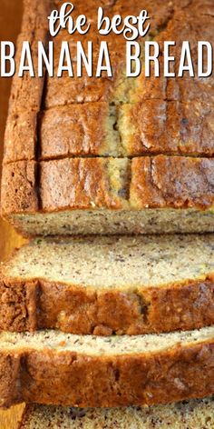 four slices of banana bread sitting on top of a cutting board with text overlay