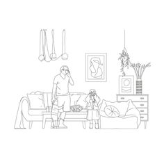 a black and white drawing of two people in a living room talking on the phone