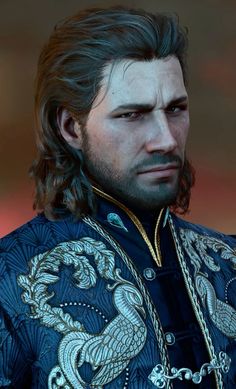 a man with long hair wearing a blue outfit