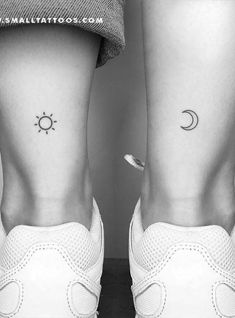 two tattoos on the legs of people with sun and moon tattooed on their ankless