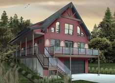 this is a computer rendering of a red house with balconyes and balconies