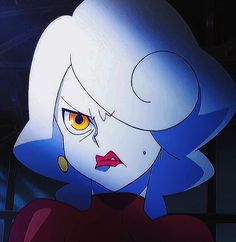 an animated image of a woman with blue hair and yellow eyes looking at the camera