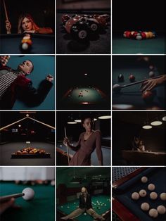 a collage of different shots including pool balls, billiards, and people