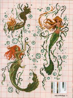 the cross stitch pattern shows two mermaids, one with red hair and one with green tail