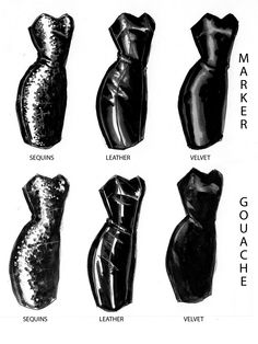 black and white drawing of different types of dresses