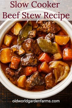 slow cooker beef stew recipe in a white bowl on a wooden table with text overlay