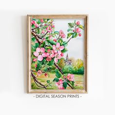 a painting hanging on the wall with pink flowers