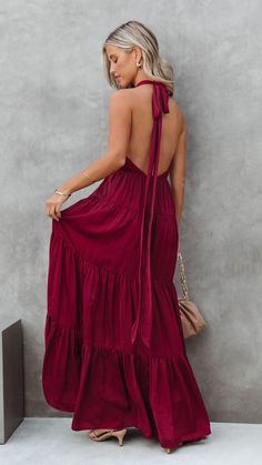 Perfect for Fall to Winter weddings, the Satin Maxi Dress in wine features a high neckline. Casual Fitted High-neck Maxi Dress, Floor-length Tie Back Maxi Dress For Beach, Bohemian Floor-length Maxi Dress With Tie Back, Brown Bohemian Floor-length Maxi Dress, Luxury Stretch High-neck Maxi Dress, Wedding Guest Dress Inspiration, Dresses Flowy, Cocktail Dress Classy, Wedding Guest Outfit Fall