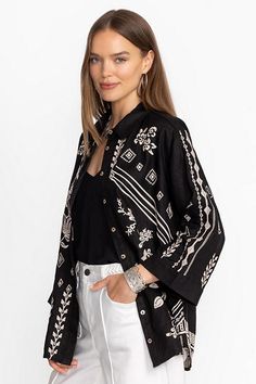 Crafted from 100% linen, the Francis Kimono Sleeve Shirt is embellished with a unique ornate pattern. Featuring a traditional button front adorned with pearl buttons, this beautiful top is finished with flowing bell sleeves for a hint of drama. Pair with a black fitted skirt and strappy heels for a dinner out with friends. Johnny Was Women's Kimono Sleeve Shirt in Black, Size Large, 100% Linen Elegant Embroidered Tops With Relaxed Fit, Linen Button-up Top With Embroidery, Linen Embroidered Button-up Top, Embroidered Linen Button-up Top, Elegant Embroidered Relaxed Fit Blouse, Traditional Summer Tops With Button Closure, Chic Embroidered Linen Top, Traditional Summer Blouse With Buttons, Black Fitted Skirt