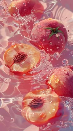 several pieces of fruit floating on top of water