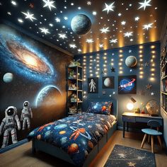 a bedroom with stars and planets on the ceiling, as well as an astronaut's bed