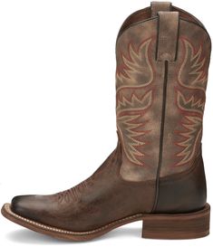 Emblazoned with bold stitching and expert hand-finishing, this boot has a bold, rustic effect. From our Hero collection, the Sierra boot in Antiqued Brown is an 11” square toe boot with a brown cowhide leather vamp with an attention-grabbing stitching design with jolts of deep, rich color on the tan leather-look upper. It’s equipped with an orthotic insole and versatile rubber outsole. This boot features: 11" Vintage Tan upper Antiqued Brown cowhide B Toe, Square Profile 10 Heel, 1 1/8" Height T Square Toe Western Boots, Brown Square, Brown Cowhide, Block Style, Stitch Design, Western Wear, Western Boots, Cowhide Leather, Tan Leather