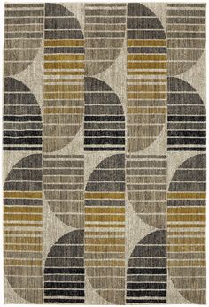 an area rug with circles and stripes on the side, in grey, yellow and brown colors