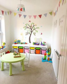 a child's playroom with toys and decor