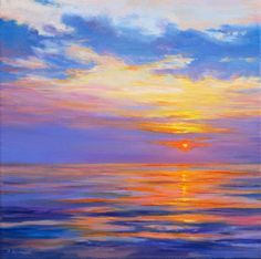 an oil painting of a sunset over the ocean