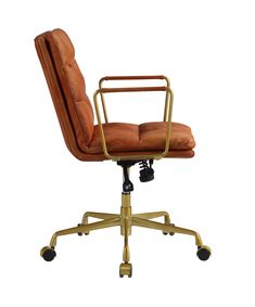 an office chair with wheels and leather upholstered on the back, viewed from the front