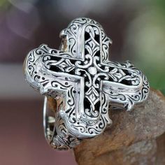 Sterling silver cross ring, 'Glorious Faith' - Ornate Sterling Silver Cross Ring from Bali Nameplate Necklace Silver, Silver Earrings Online, Silver Diamond Necklace, Bali Silver, Cross Ring, Mens Pendant, Cross Jewelry, Sterling Silver Cross, Jewelry Online Shopping