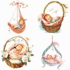 three babys are sleeping in baskets with flowers