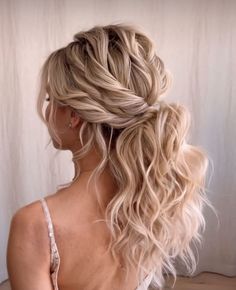 Bridesmaid Hairstyles Ponytail Curly Hair, Bridal Hair With Spaghetti Strap Dress, Bridesmaid Hair With Spaghetti Strap Dress, Low Bun Wedding Hair Front View Middle Part, Bride Hairstyles Thick Hair, Blonde Bridesmaid Hair Half Up, Side Ponytail Bridesmaid Hair, Hall Up Half Down Hair, Low Pony Hairstyles Bridesmaid