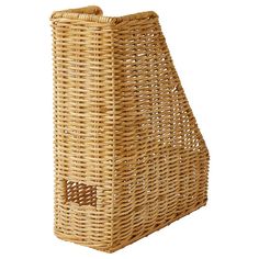 a large wicker basket with handles on the front and bottom, sitting against a white background