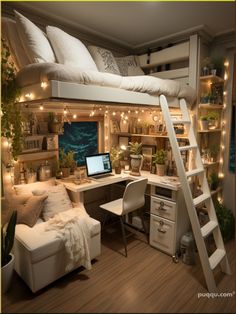 a loft bed with a desk underneath it and lights strung from the ceiling, along with a ladder