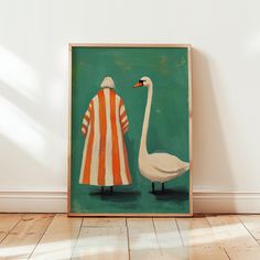 an image of a painting on the wall with a white swan standing next to it