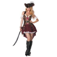 Aye, this beautiful buccaneer will catch the eye of any pirate! This sexy Halloween costume for women is a treasure. This seductive seven seas outfit features a burgundy-and-gold striped corset top, a ruffled burgundy polyester skirt, a seductive belt and a sassy plumed hat. This pirate costume for women will make you the most sought-after treasure at the party! Sword and boots not included.Includes:o Corseted topo Sleeveso Ruffled skirto Belto Large-plumed hatSpecial Shipping Information: This Adult Pirate Costume, Vestidos Country, Captain Costume, Female Pirate Costume, Pirate Halloween Costumes, California Costumes, Pirate Halloween, Pirate Woman, Pirate Costume