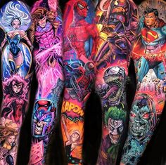 many different colored tattoos on both arms and legs, all with the same characters painted on them