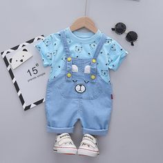 Toddler Boys Summer Cartoon Printed T-shirt And Suspenders Bear Jumpsuit Boy Clothing Wholesale Summer Short Sleeve Sets With Character Print, Summer Character Print Short Sleeve Sets, Spring Short Sleeve Sets With Character Print, Summer Character Print Sets With Short Sleeves, Spring Character Print Short Sleeve Sets, Cute Cartoon Print Summer Bodysuit, Spring Cartoon Print Crew Neck Sets, Cute Summer Sets With Crew Neck, Casual Cotton Bodysuit With Cartoon Print