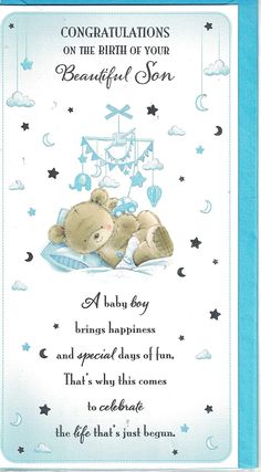 congratulations card with a teddy bear holding a baby's cradle and stars on it