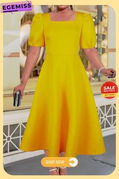 Yellow Elegant Solid Patchwork Square Collar Evening Dress Dresses Solid Color Shift Dress With Half Sleeves, Solid Shift Dress With Half Sleeves, Solid Color Half Sleeve Party Dress, Solid Color Shift Dress Midi Length, Yellow A-line Midi Dress Solid Color, Yellow Solid Color A-line Midi Dress, Non-stretch Short Sleeve Solid Color Dress, Solid Color Non-stretch Short Sleeve Dress, Non-stretch Short Sleeve Dress