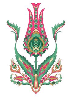 an intricately designed floral design on a white background with green, pink and orange flowers