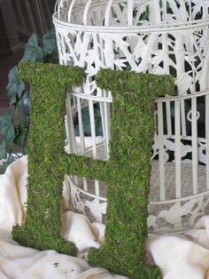 the letter h is made out of moss and sits next to a birdcage