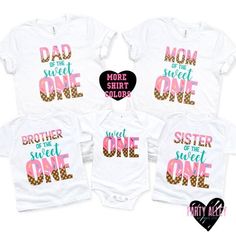 "Celebrate your sweet ones birthday party with these family matching shirts! This listing is for 1 shirt, select the design and size for each one in the drop down menu. See shop announcement for current processing time. A \"rush my order\" listing is available in the add on/upgrade section, please message me beforehand if you will need to rush your order to make sure its possible. Rush order does not include shipping cost.  Please note - Colors on your screen may appear different from the final product. Sweet one birthday shirts | Matching birthday shirts | Ice cream theme birthday shirts for girl | Sweet one birthday shirts for family" Customizable Matching Tops For Birthday, Personalized Matching Tops For Birthday, Fun White Shirt For First Birthday, Family Matching Birthday Tops With Funny Print, Customizable Cute Tops For Birthday, Family Matching Tops With Funny Print For Birthday, Family Matching Tops With Custom Print For Birthday, Cute Letter Print Tops For Family Events, Pink Shirt With Funny Print For Birthday