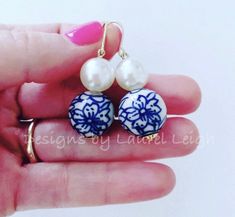 Chinoiserie Floral Bead & Pearl Drop Earrings Blue and White Chinoiserie Wedding / Bridal Party Collection - This is one of my handmade original Chinoiserie jewelry designs. Earrings are about 1.5-1.75" long and are lightweight made with pretty porcelain beads and faux pearls. Gold plated earring hooks are nickel free. *Posts are available as an upgrade. Please contact me if you need larger quantities than shown for wedding parties. Please note that any pearl, gemstone, glass or wooden beads use Elegant Large Beaded Earrings For Gifts, Elegant Beaded Earrings With Large Beads For Gift, Elegant Round Earrings With Large Beads, Elegant White Earrings With Large Beads, Blue Round Bead Earrings For Wedding, Blue Beaded Drop Earrings For Wedding, Chinoiserie Wedding, Blue And White Chinoiserie, Wedding Earrings Drop