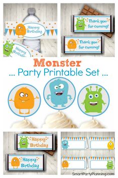 monster birthday party printables set with cupcake toppers, tags and place cards