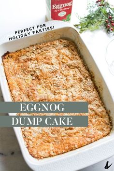 eggnog dump cake in a white baking dish